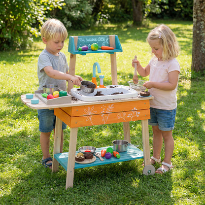 Orange Wooden Kids Kitchen Playset | Circulation Faucet & Grill