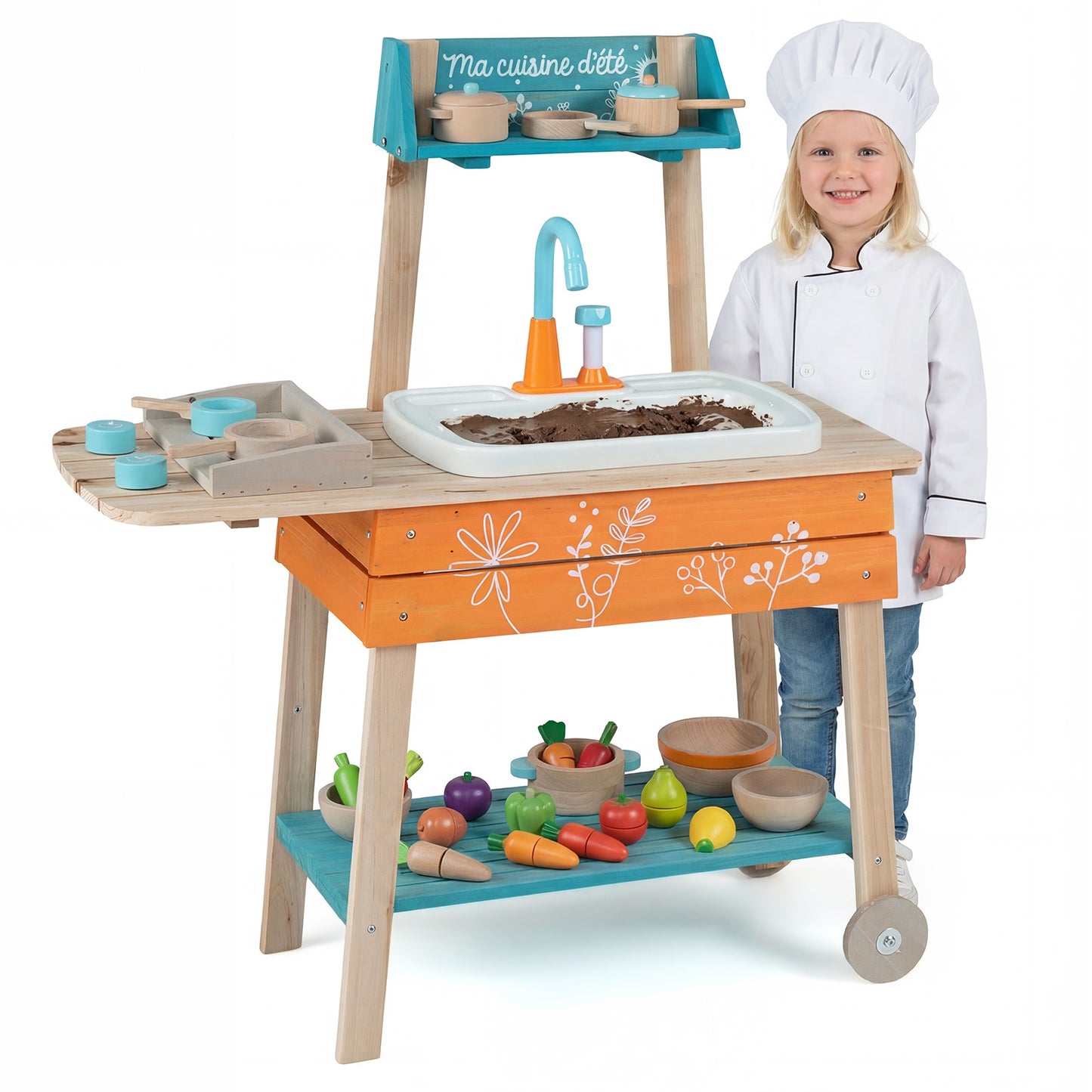 Orange Wooden Kids Kitchen Playset | Circulation Faucet & Grill