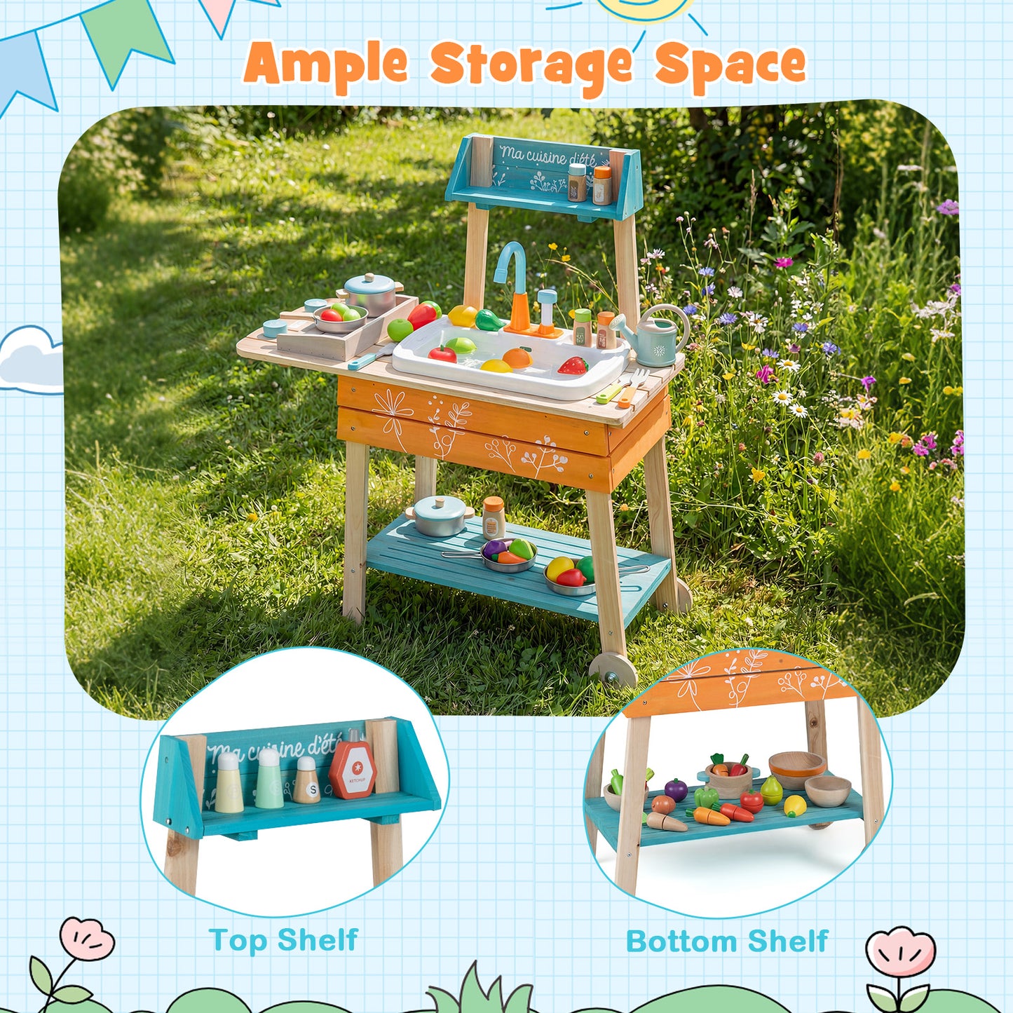 Orange Wooden Kids Kitchen Playset | Circulation Faucet & Grill