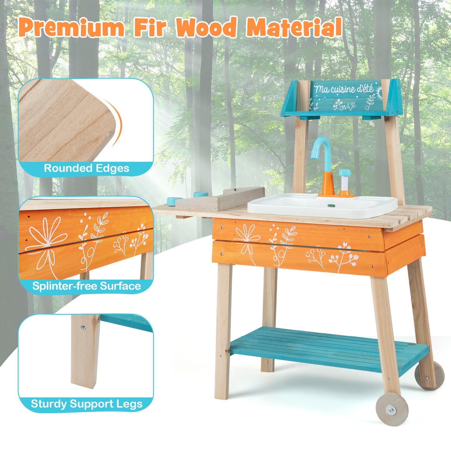 Orange Wooden Kids Kitchen Playset | Circulation Faucet & Grill