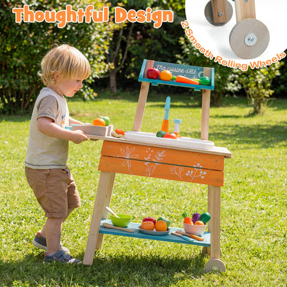 Orange Wooden Kids Kitchen Playset | Circulation Faucet & Grill