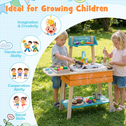 Orange Wooden Kids Kitchen Playset | Circulation Faucet & Grill