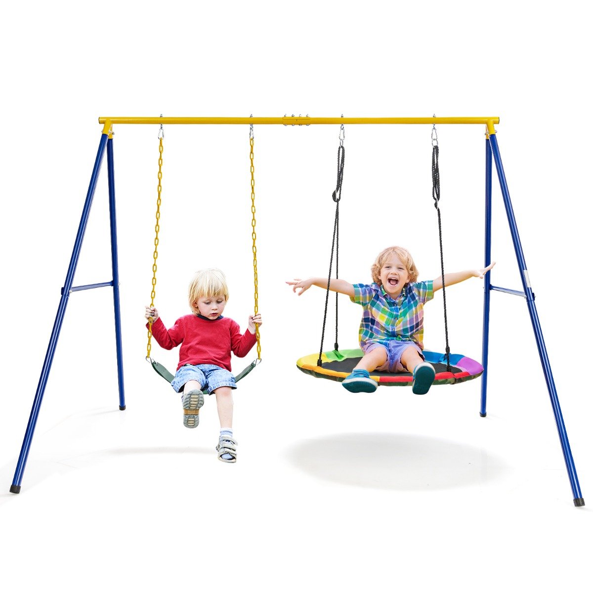 Kids heavy-duty A-frame swing set with belt and saucer seats for backyard fun.