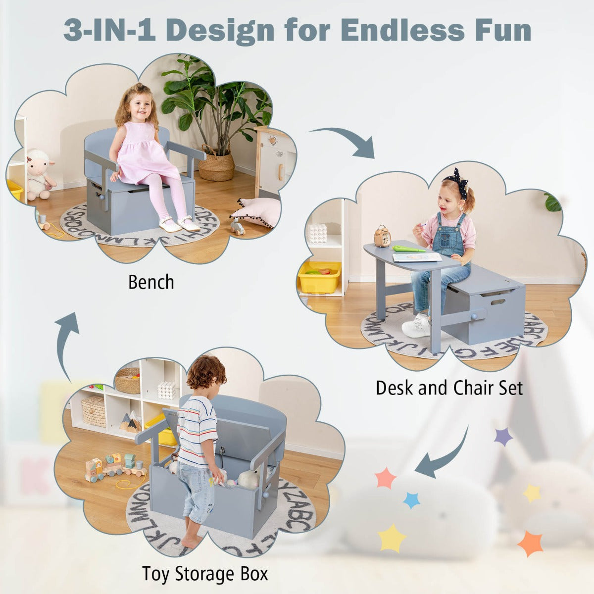 Kids 3-in-1 Convertible Activity Bench with Storage Box in Grey - Multifunctional playroom furniture.