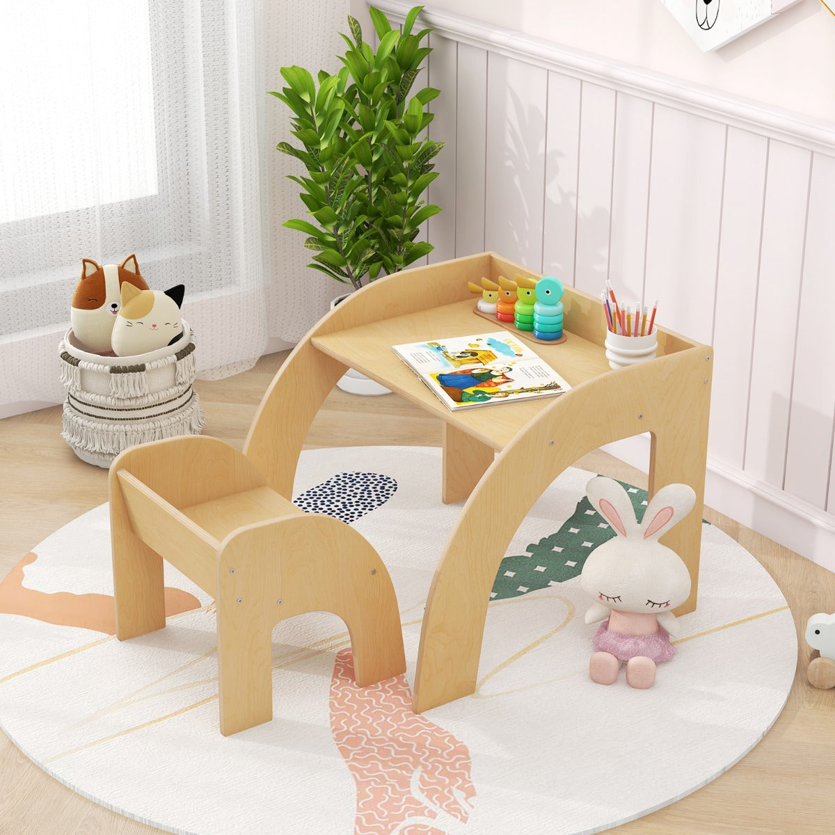 Costway Cute Activity Kids Table and Chair Set with Wide Tabletop-Natural