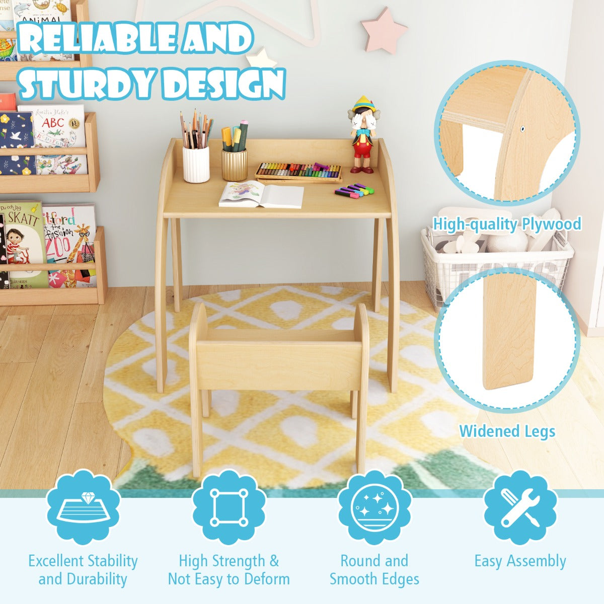 Kids Activity Table And Chair Set | Natural Wood Wide Tabletop