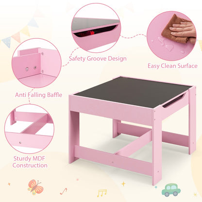 Kids activity table with whiteboard, chalkboard, and storage for creativity and organization at home.