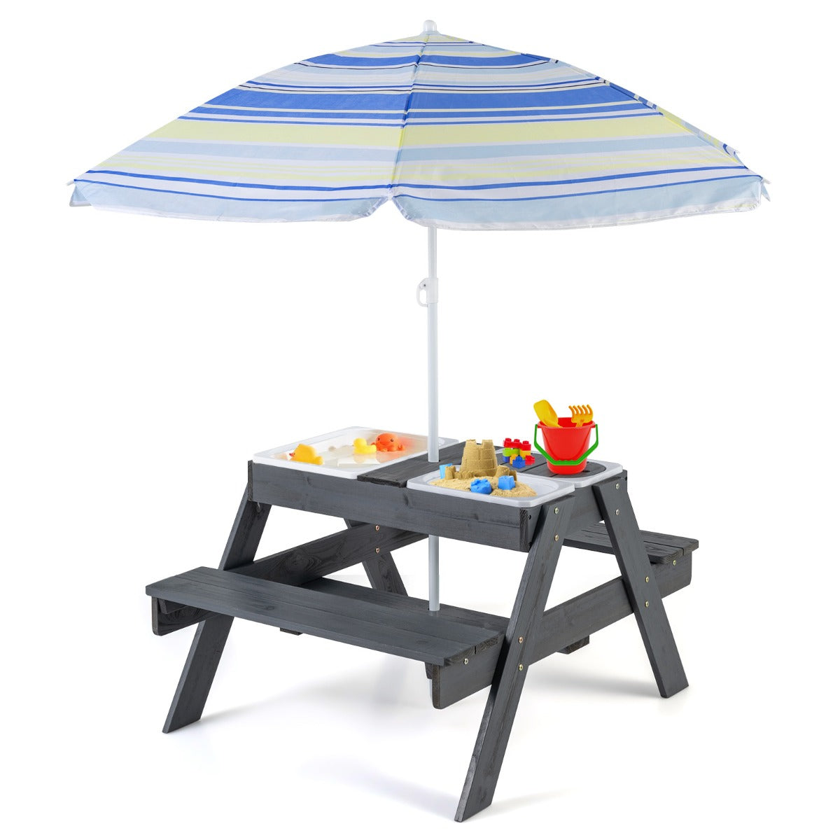 Kids 4-in-1 Wooden Picnic Table Set with Umbrella, ideal for outdoor play and dining.