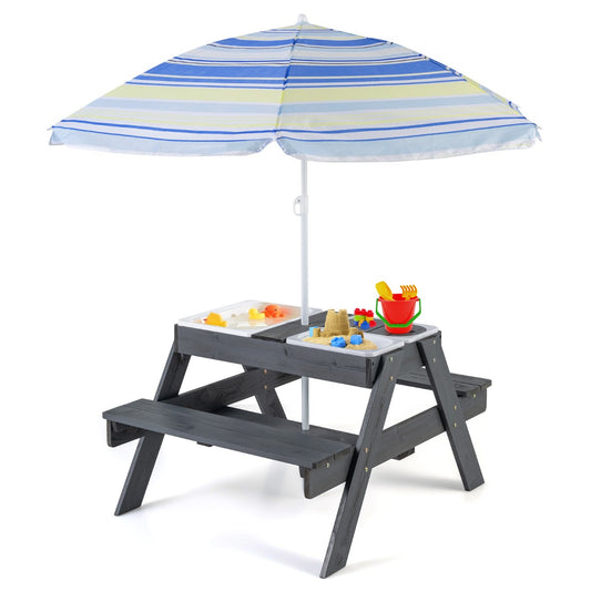 Kids 4-in-1 Wooden Picnic Table Set with Umbrella, ideal for outdoor play and dining.