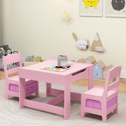 Kids activity table set with versatile whiteboard, chalkboard, and storage for artistic play at home.