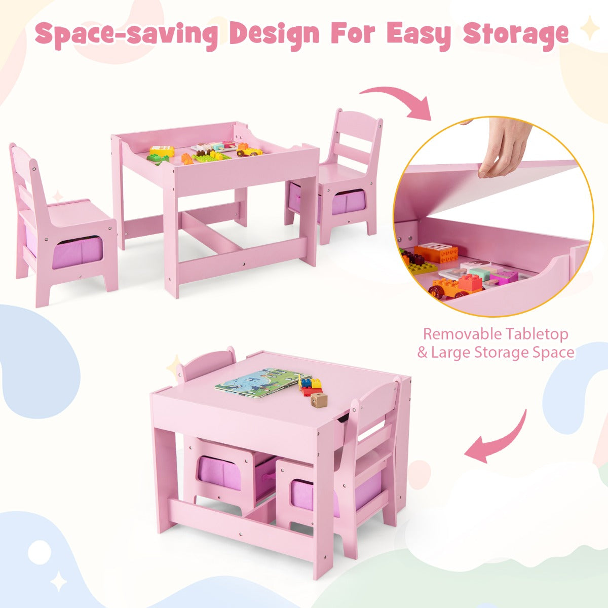 Kids 3-in-1 Activity Table and Chair Set with Whiteboard, Chalkboard, and Storage - versatile play area.