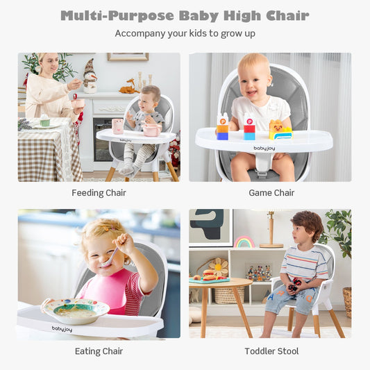 Convertible high chair with adjustable tray perfect for infants and growing toddlers.