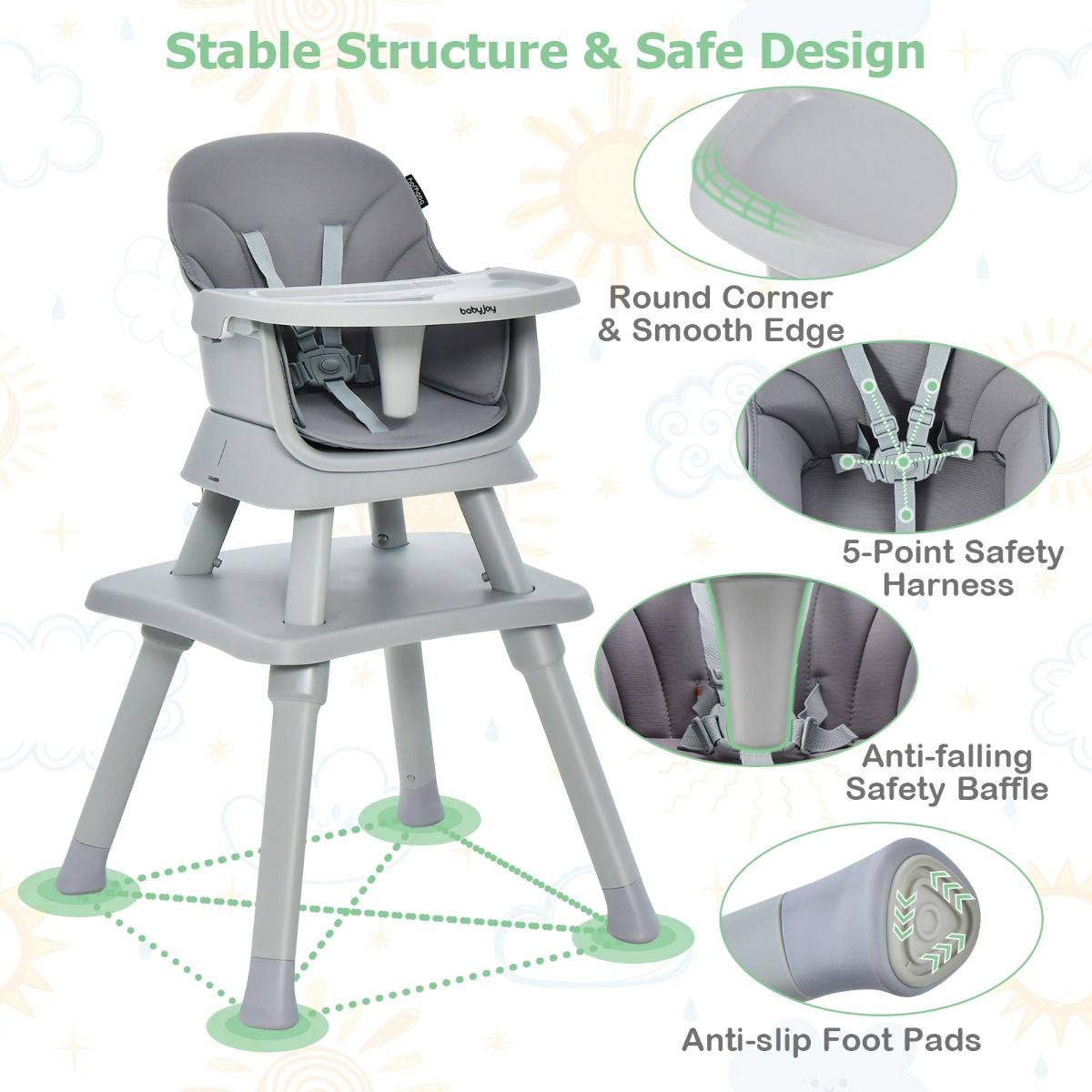 High Chair Grey | 8-in-1 Convertible Seat with Block Table