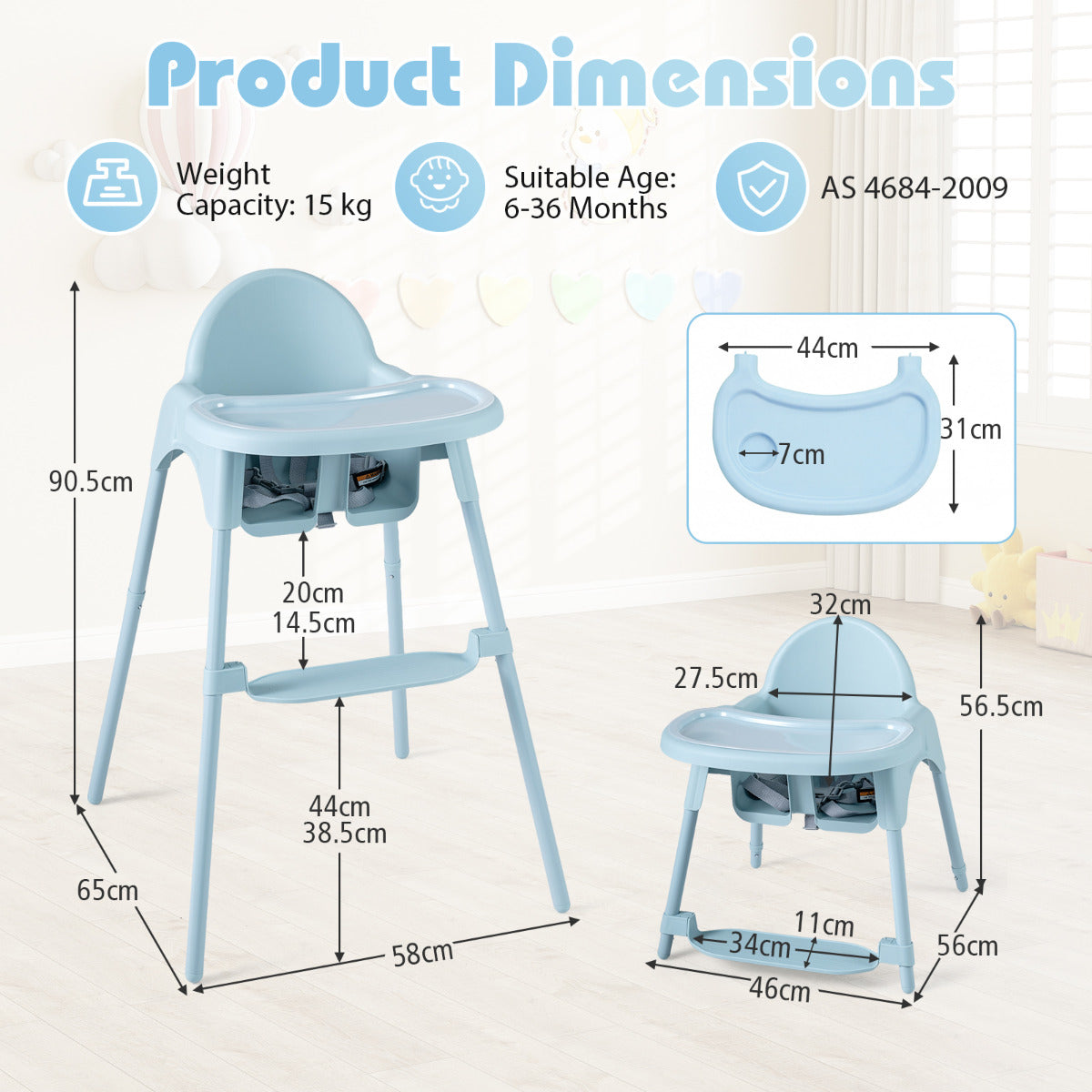 Blue 4-in-1 Convertible Baby High Chair | 2 Heights & Tray