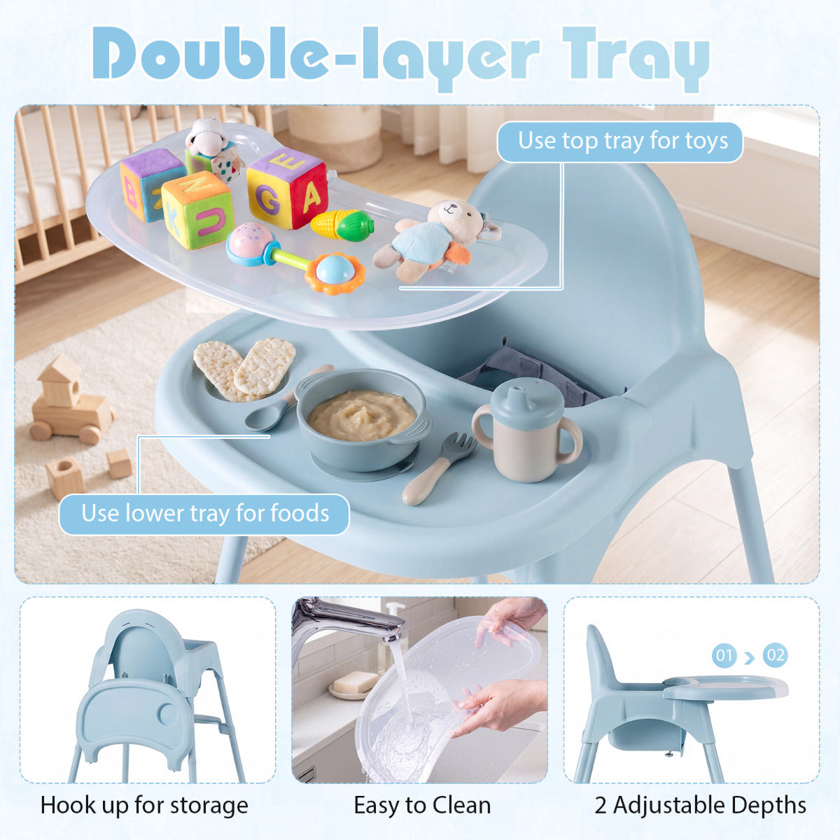 Blue 4-in-1 Convertible Baby High Chair | 2 Heights & Tray