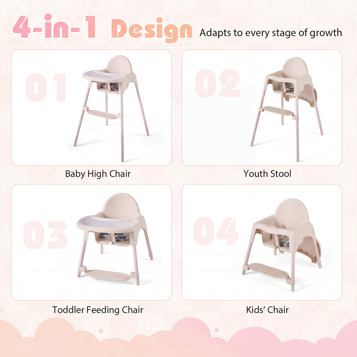4-in-1 Convertible Baby High Chair | 2 Heights | Beige