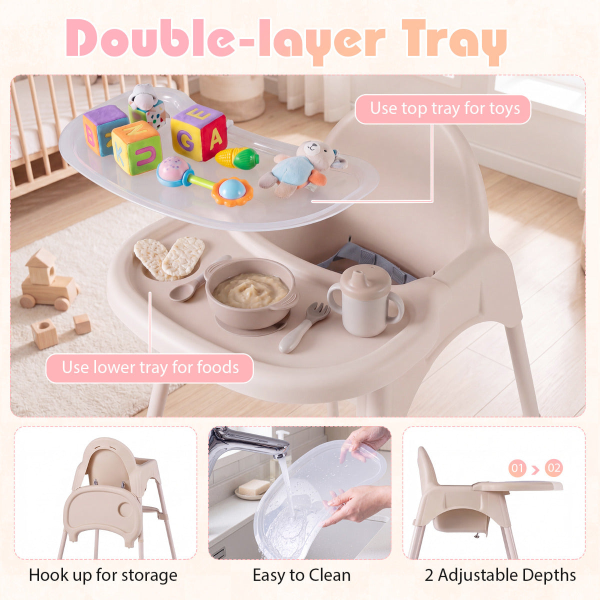 4-in-1 Convertible Baby High Chair | 2 Heights | Beige