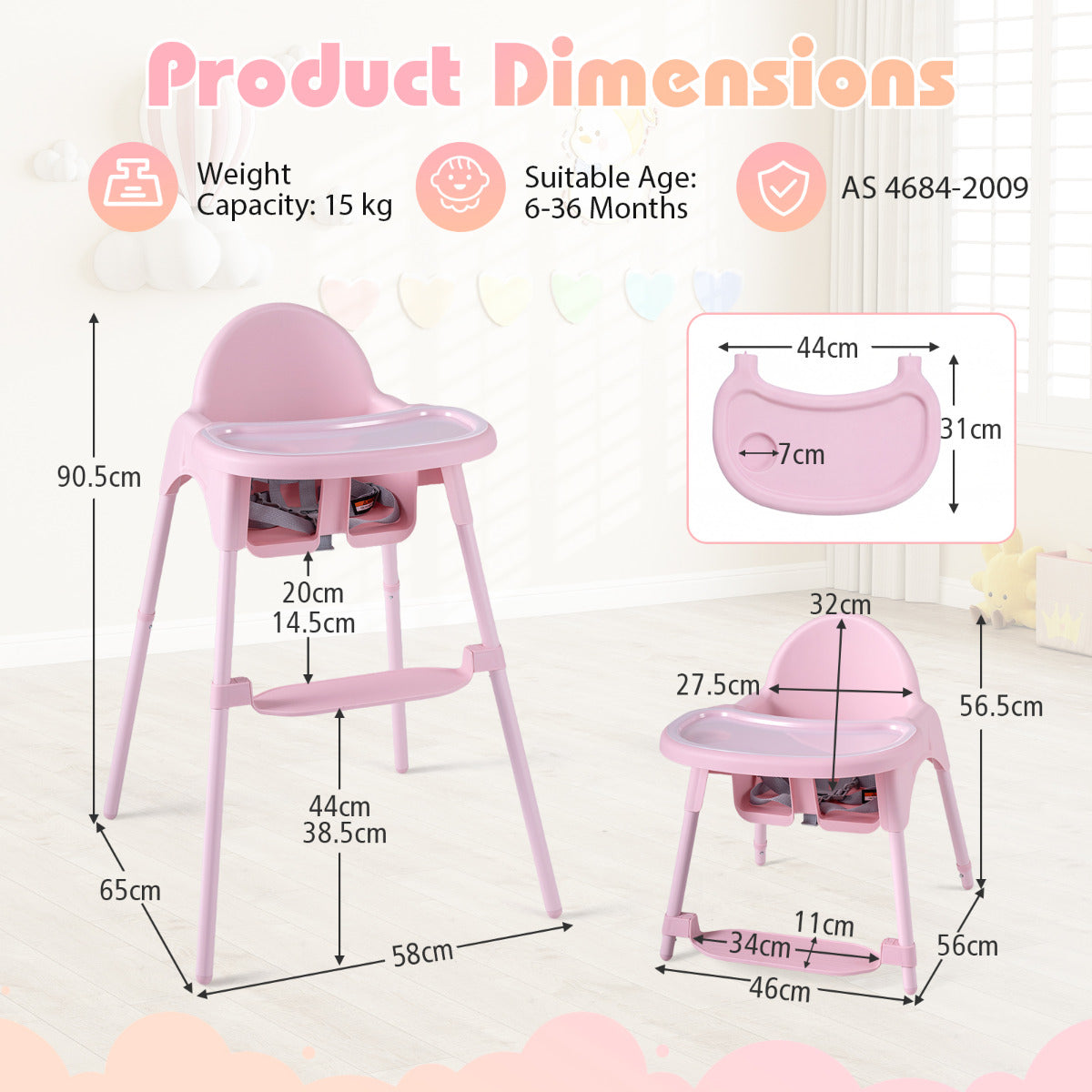 Pink 4-in-1 Convertible Baby High Chair | 2 Height Levels