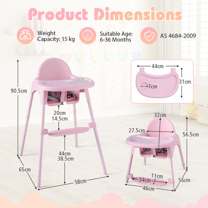 Pink 4-in-1 Convertible Baby High Chair | 2 Height Levels