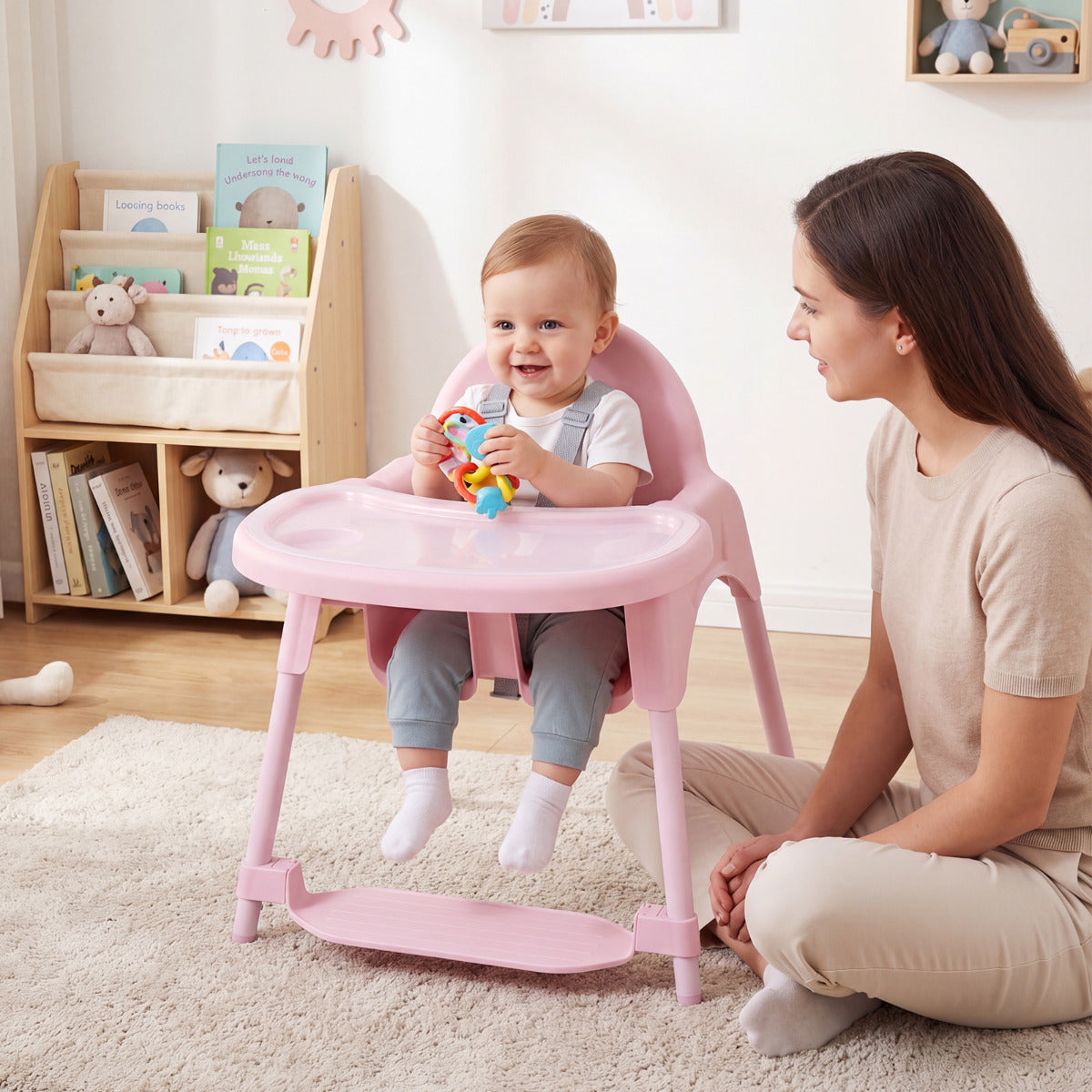 Pink 4-in-1 Convertible Baby High Chair | 2 Height Levels