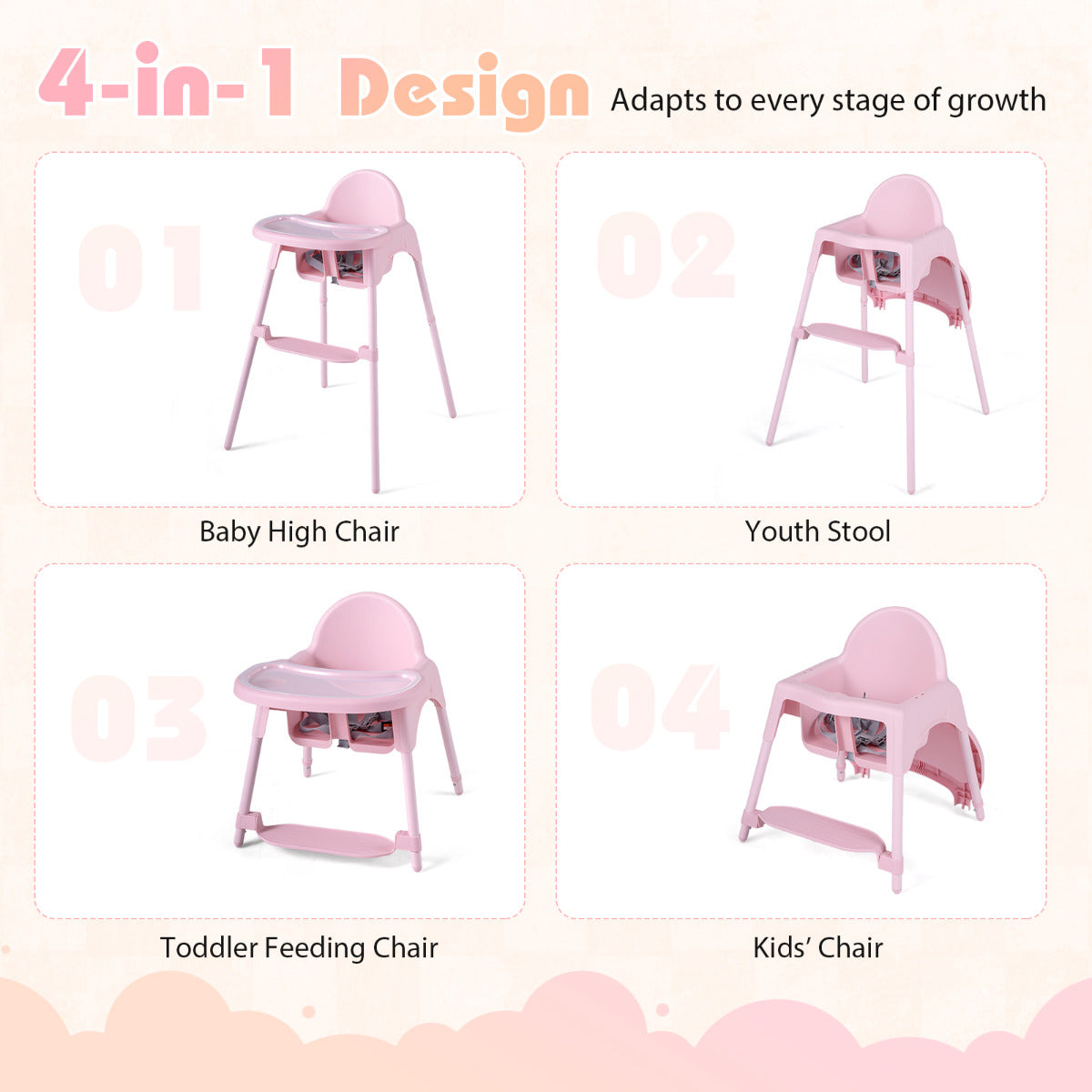 Pink 4-in-1 Convertible Baby High Chair | 2 Height Levels