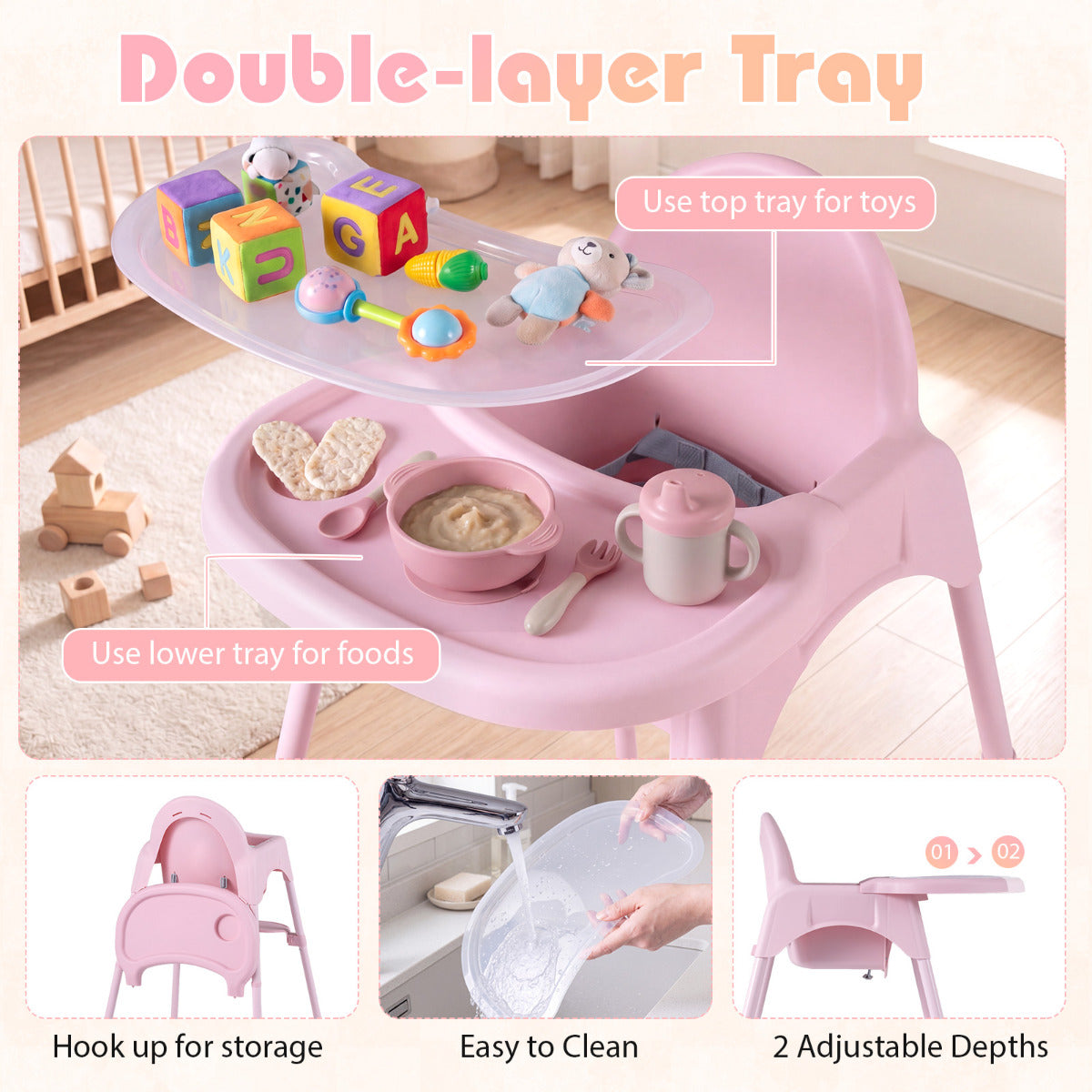 Pink 4-in-1 Convertible Baby High Chair | 2 Height Levels