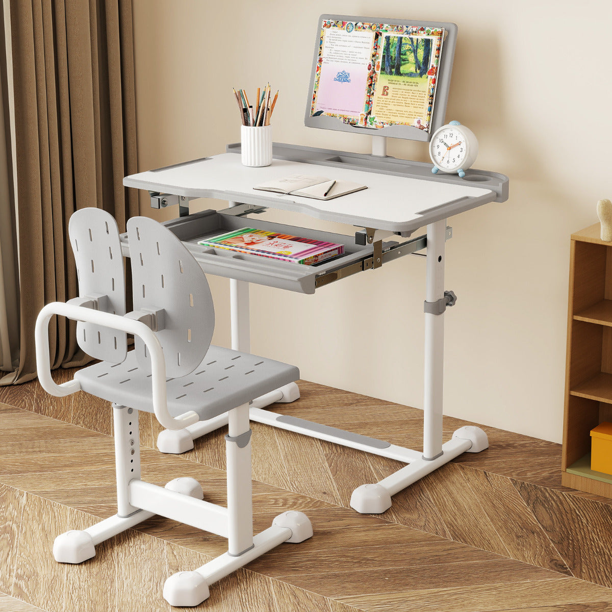 Kid's Study Desk and Chair Set Height-Adjustable Desk with Tilt Desktop and Ergonomic Chair-Grey