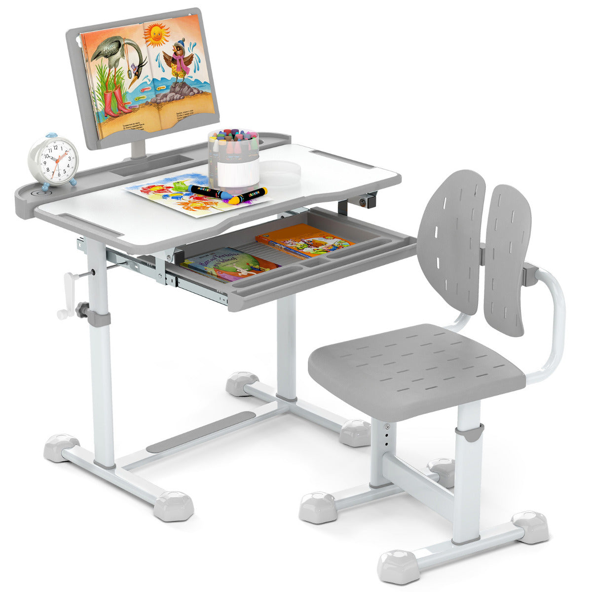 Height Adjustable Kids Desk Chair Set | Tilt Desktop Grey