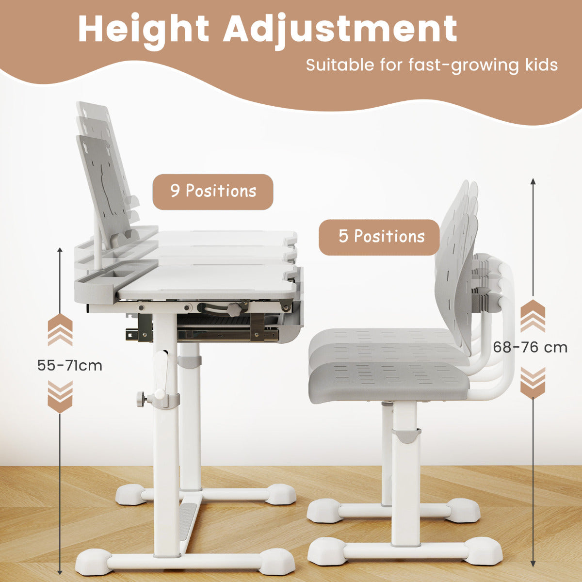 Height Adjustable Kids Desk Chair Set | Tilt Desktop Grey