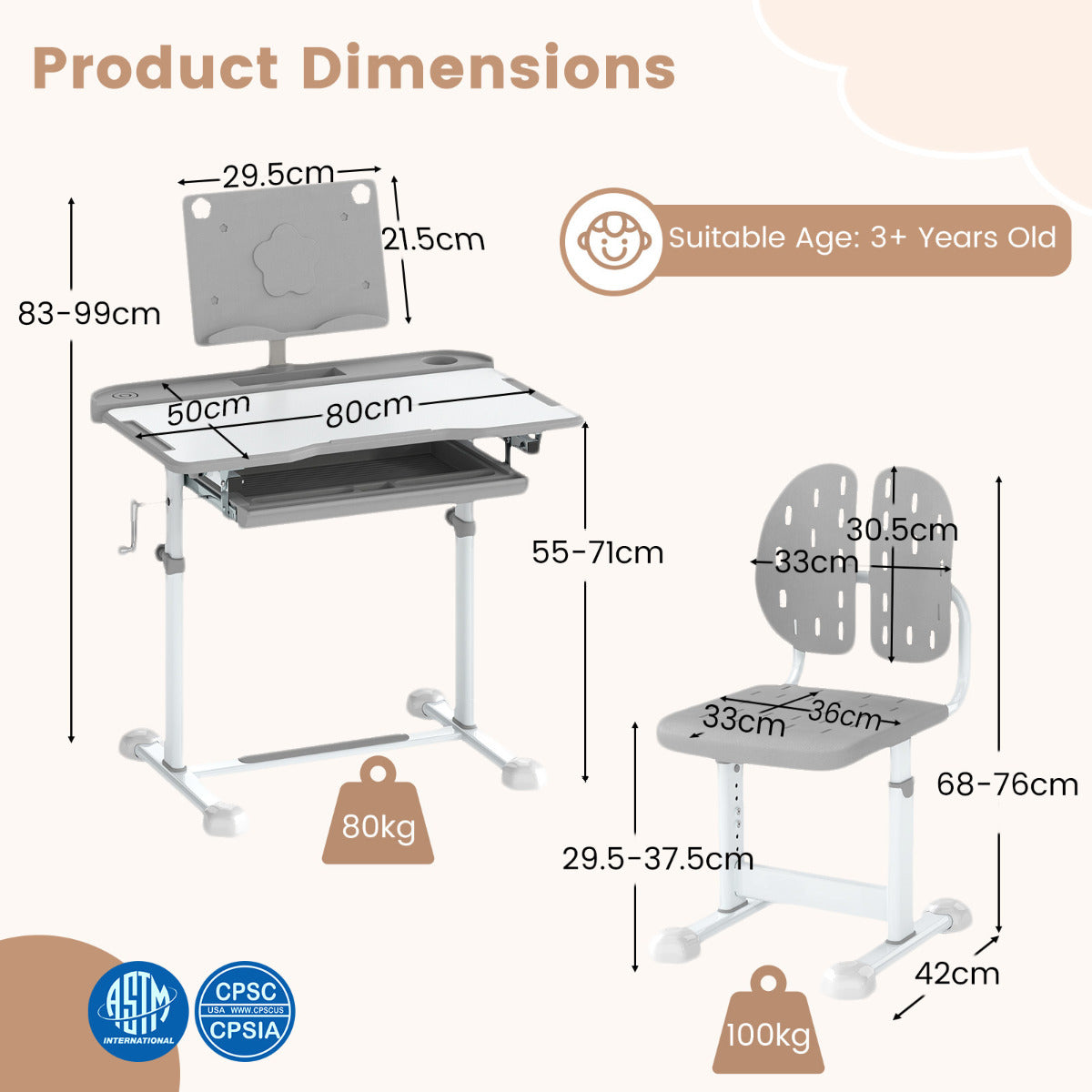 Height Adjustable Kids Desk Chair Set | Tilt Desktop Grey