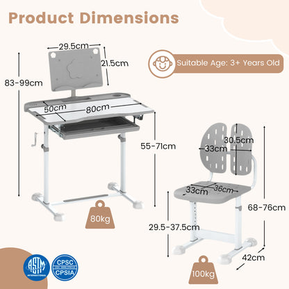 Height Adjustable Kids Desk Chair Set | Tilt Desktop Grey
