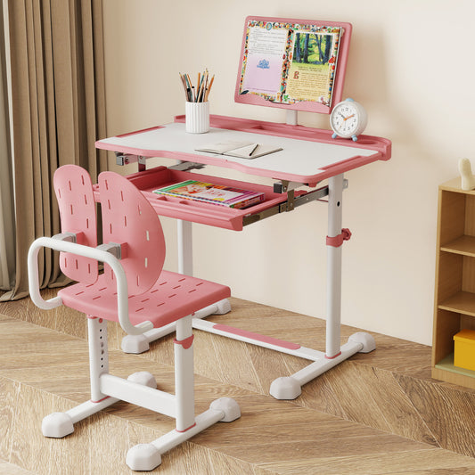 Kid's Study Desk and Chair Set Height-Adjustable Desk with Tilt Desktop and Ergonomic Chair-Pink