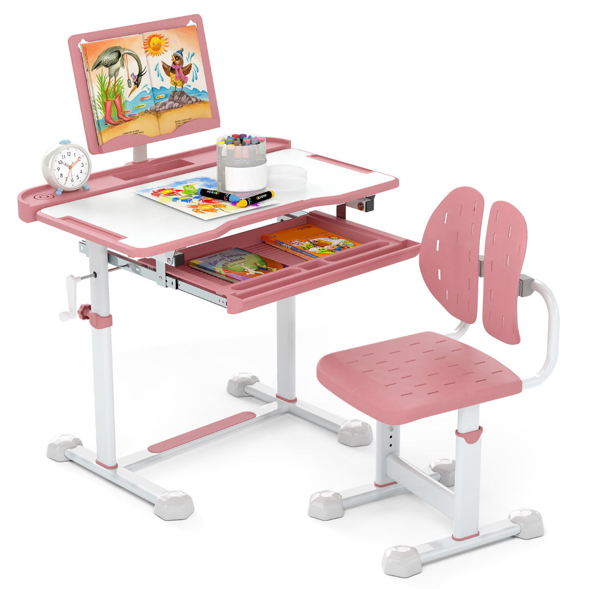 Kids Height Adjustable Desk Chair Set Tilt Desktop Pink