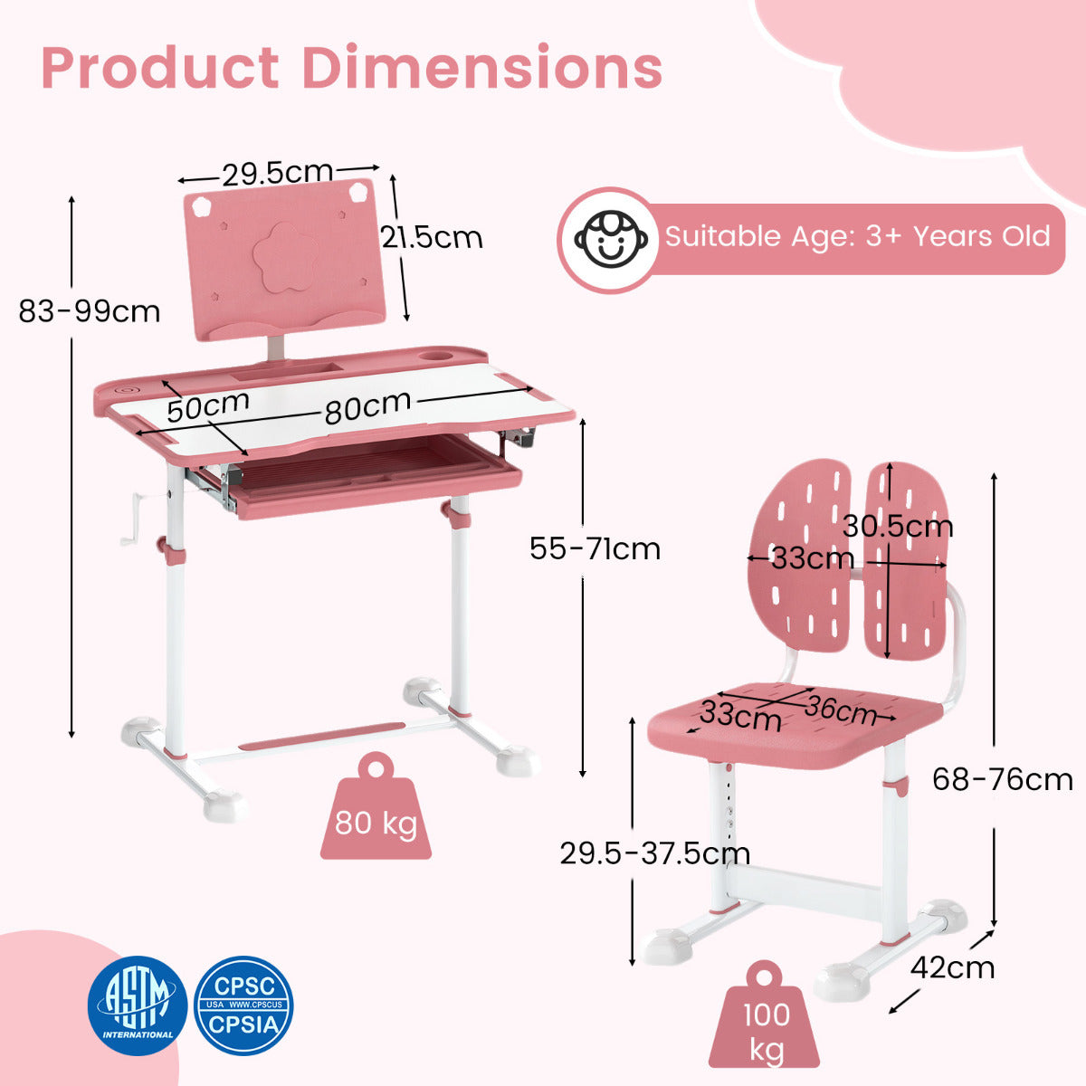 Kids Height Adjustable Desk Chair Set Tilt Desktop Pink