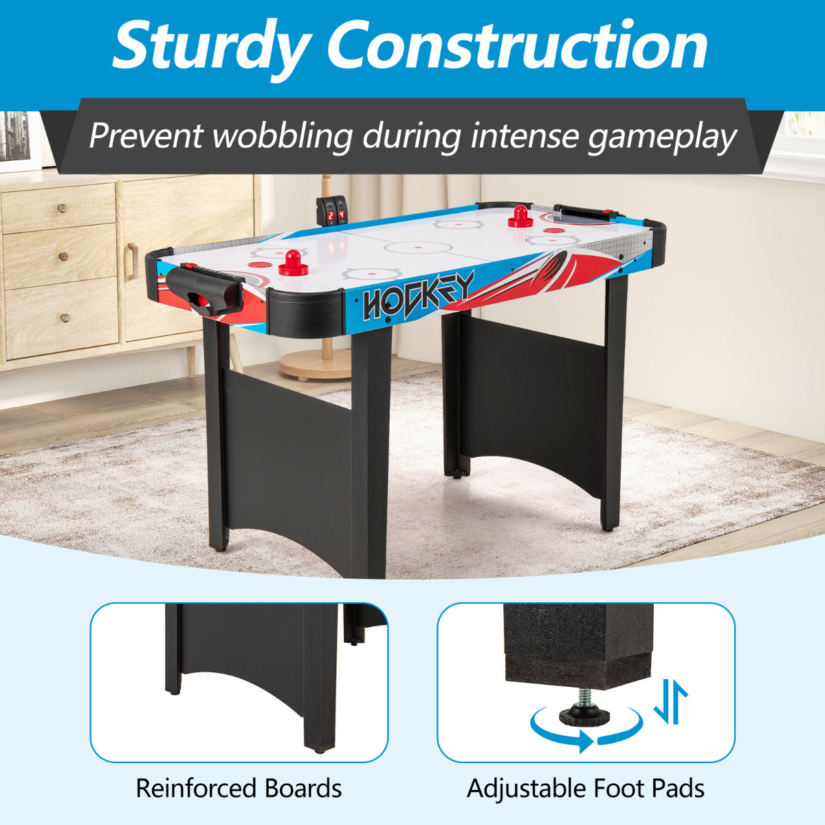 122cm Blue Air Hockey Table | LED Scoreboard & 12V Motor