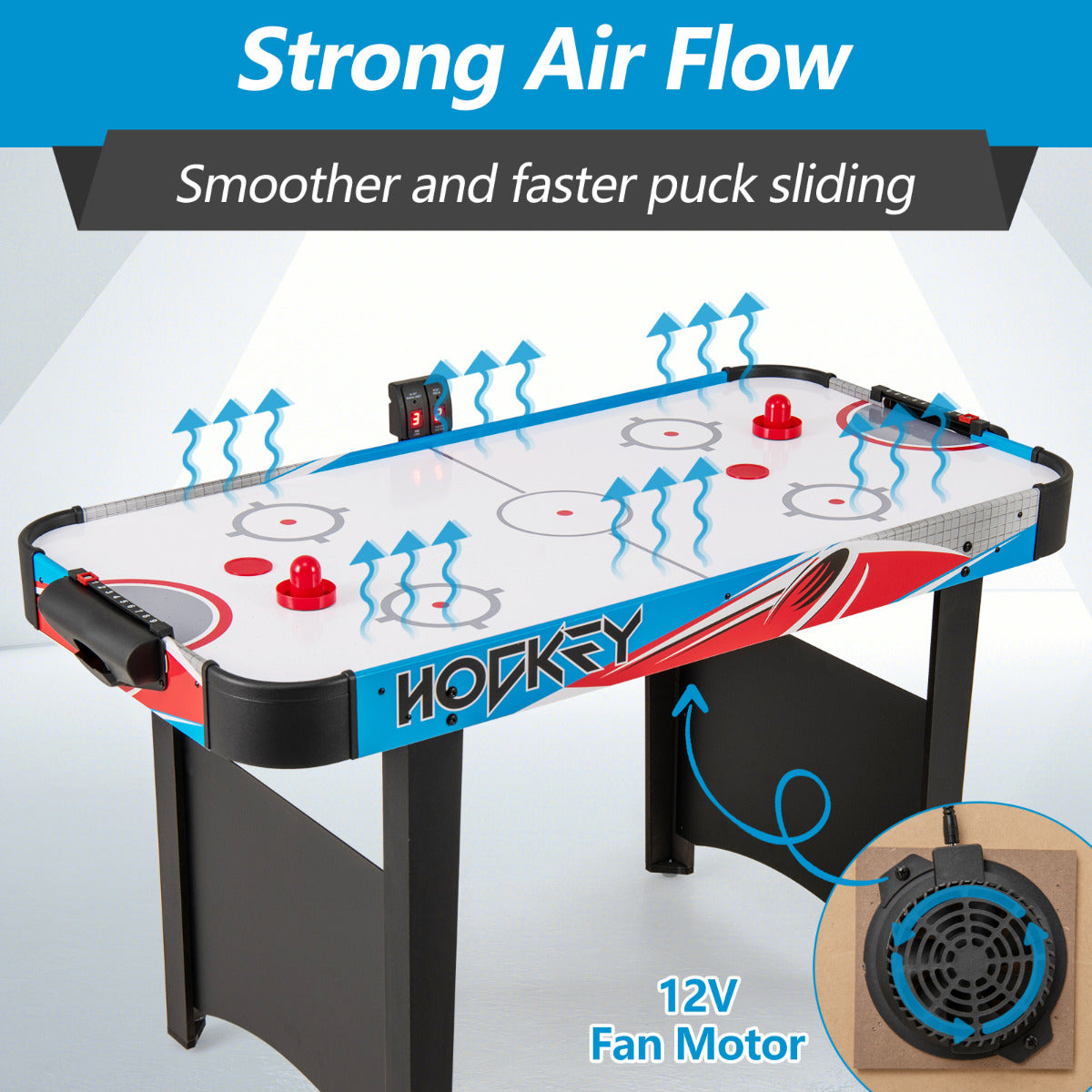 122cm Blue Air Hockey Table | LED Scoreboard & 12V Motor