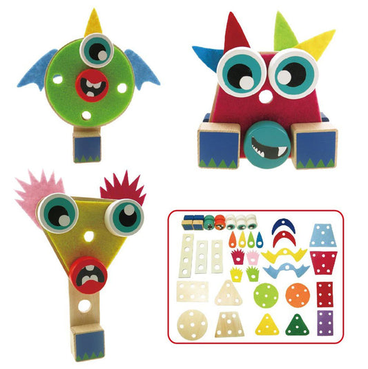 Colorful wooden alien construction set for creative play, ideal for kids aged 3+ at home.