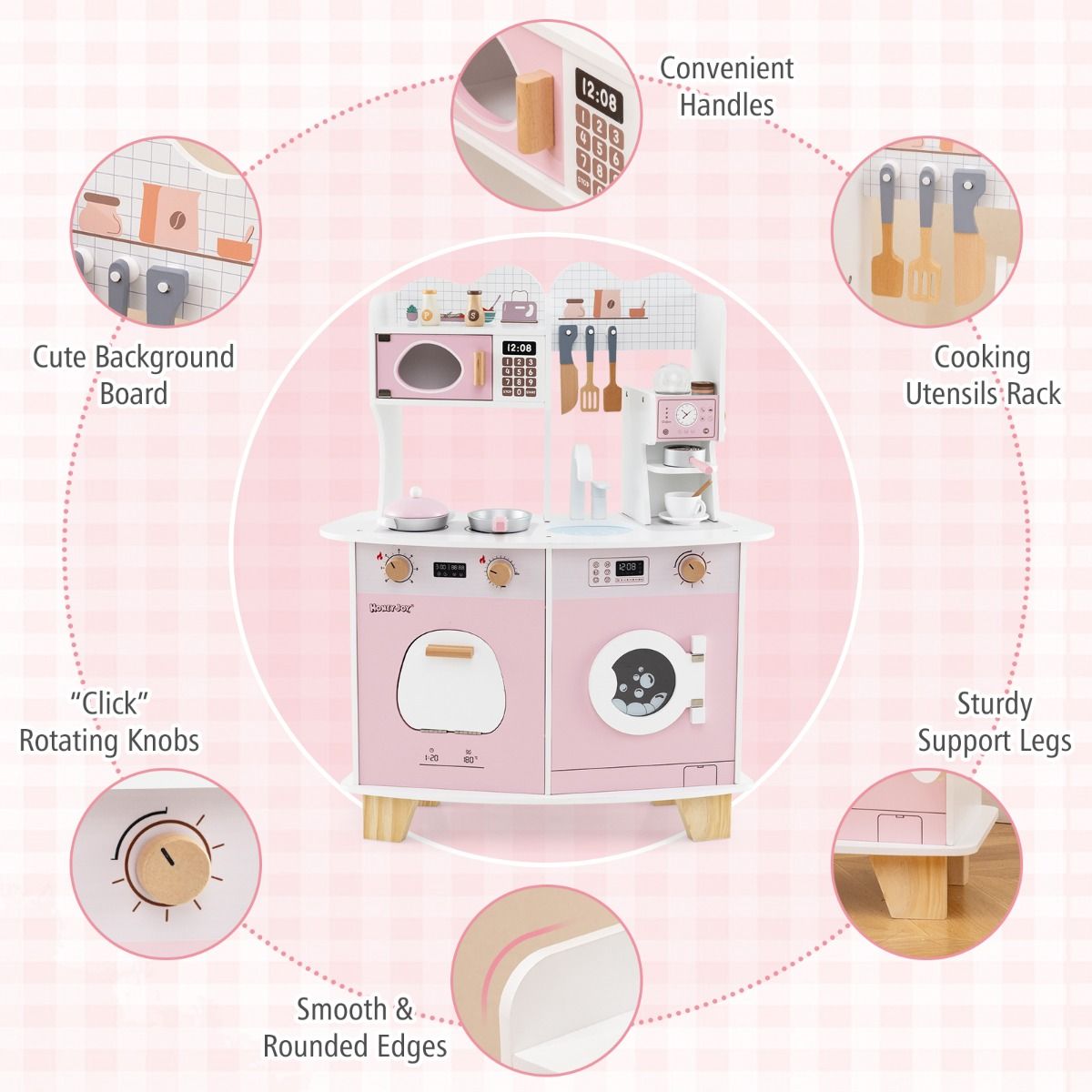 Wooden Kids Pretend Kitchen Playset | Pink All-in-1 with Accessories