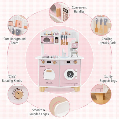 Wooden Kids Pretend Kitchen Playset | Pink All-in-1 with Accessories