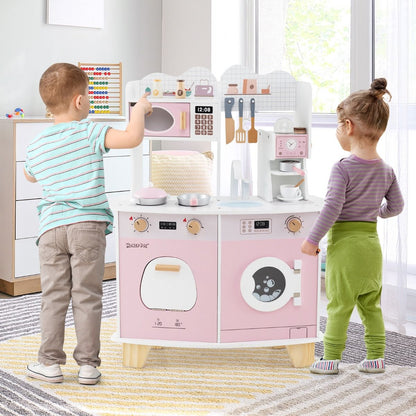 Wooden Kids Pretend Kitchen Playset | Pink All-in-1 with Accessories