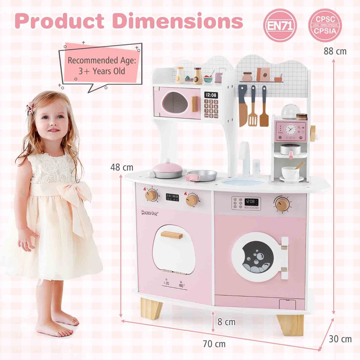 Wooden Kids Pretend Kitchen Playset | Pink All-in-1 with Accessories