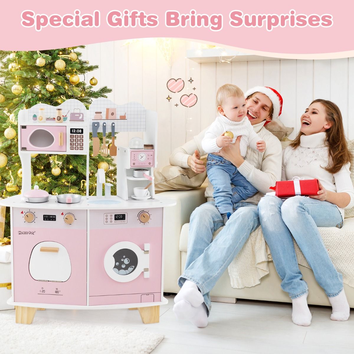 Wooden Kids Pretend Kitchen Playset | Pink All-in-1 with Accessories