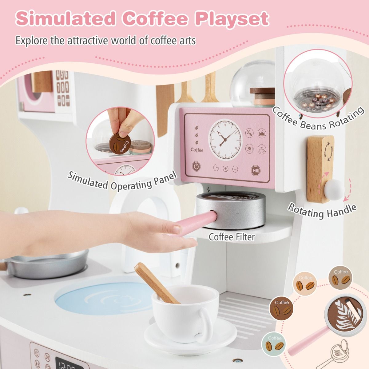 Wooden Kids Pretend Kitchen Playset | Pink All-in-1 with Accessories