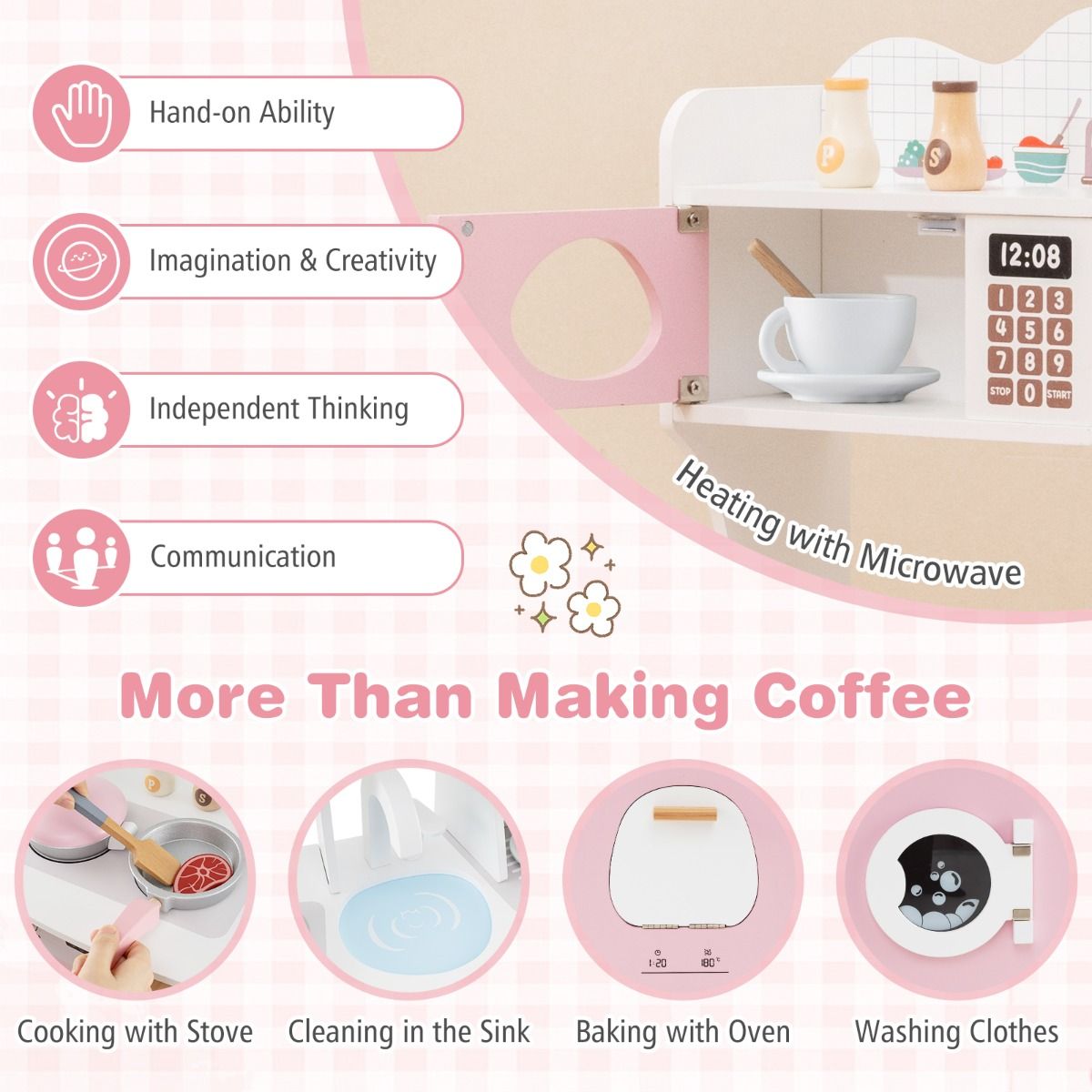 Wooden Kids Pretend Kitchen Playset | Pink All-in-1 with Accessories