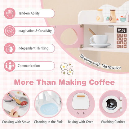 Wooden Kids Pretend Kitchen Playset | Pink All-in-1 with Accessories