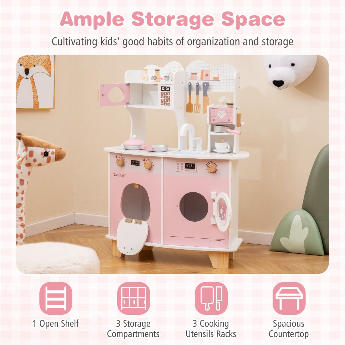 Wooden Kids Pretend Kitchen Playset | Pink All-in-1 with Accessories