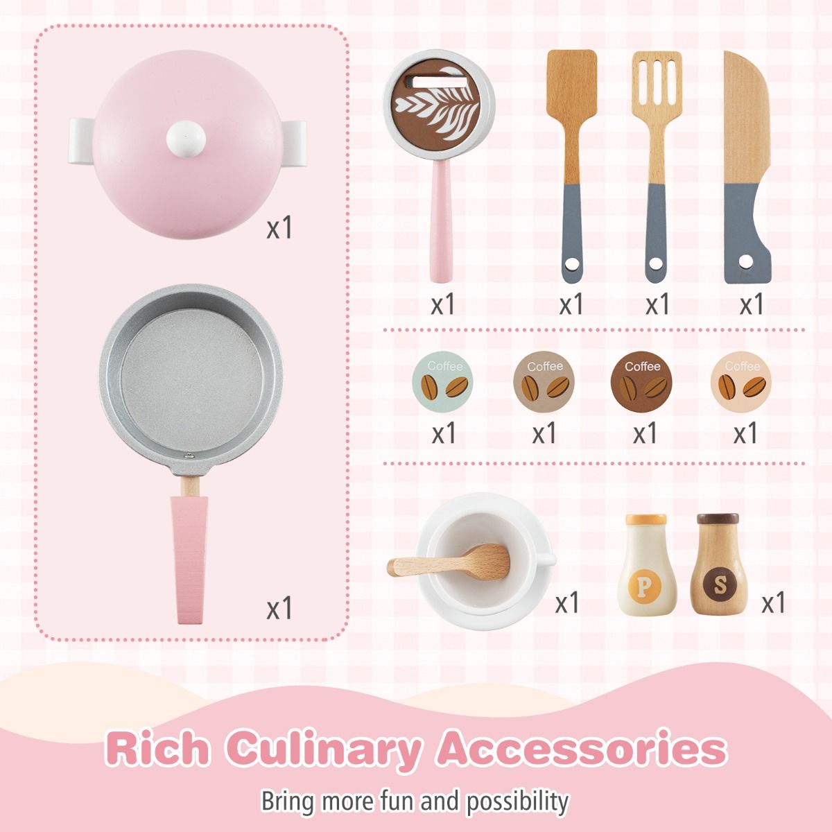 Wooden Kids Pretend Kitchen Playset | Pink All-in-1 with Accessories