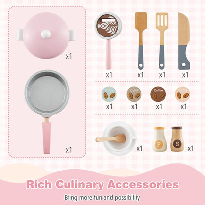 Wooden Kids Pretend Kitchen Playset | Pink All-in-1 with Accessories