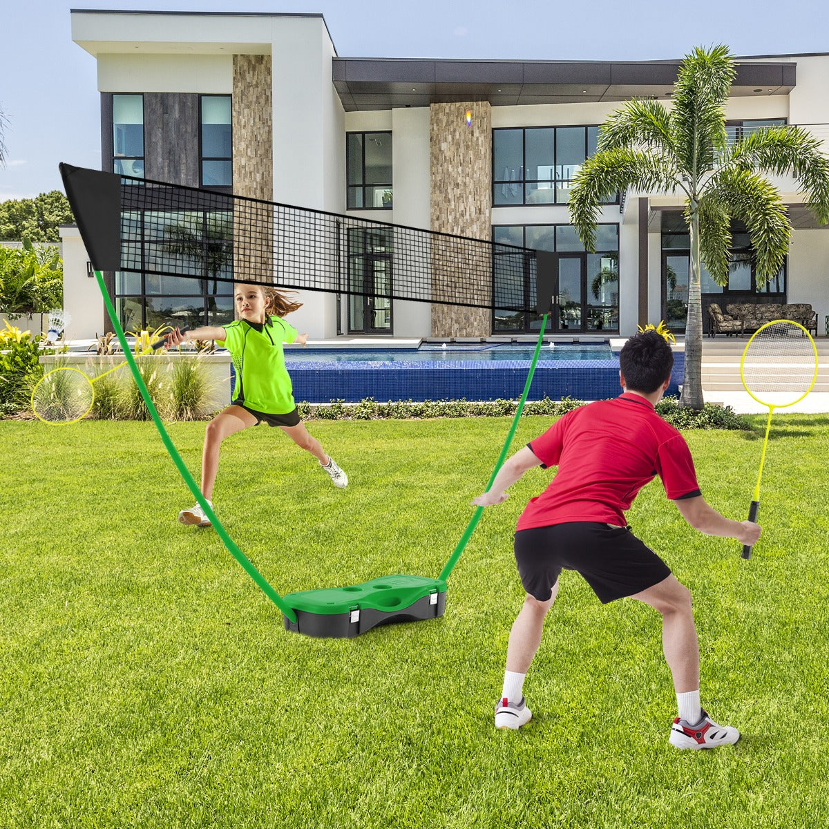 All-In-One Portable Badminton Net Set with Storage Base and 2 Rackets-Green