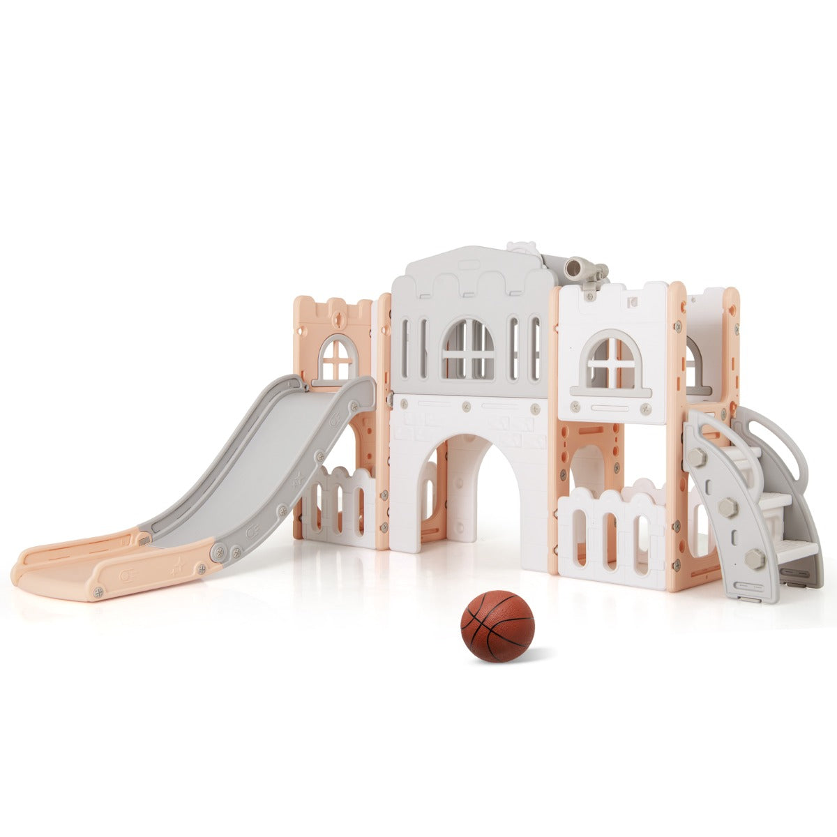 L Shaped Toddler Slide | Basketball Hoop Tunnel Climber Grey